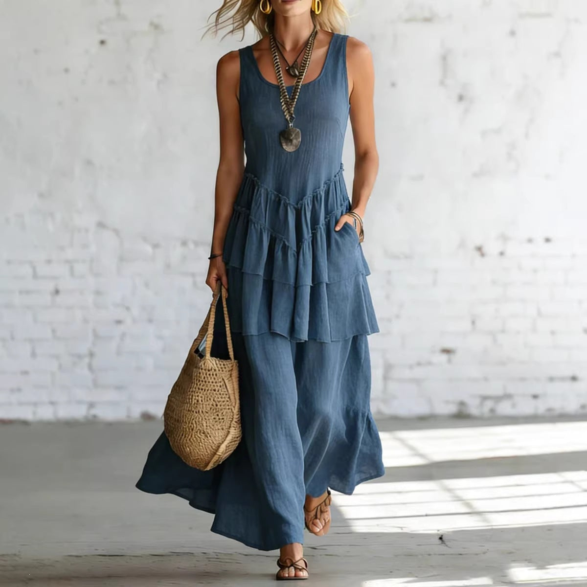 Women's Cotton Linen Sleeveless Loose Maxi Dress FitiqueFit