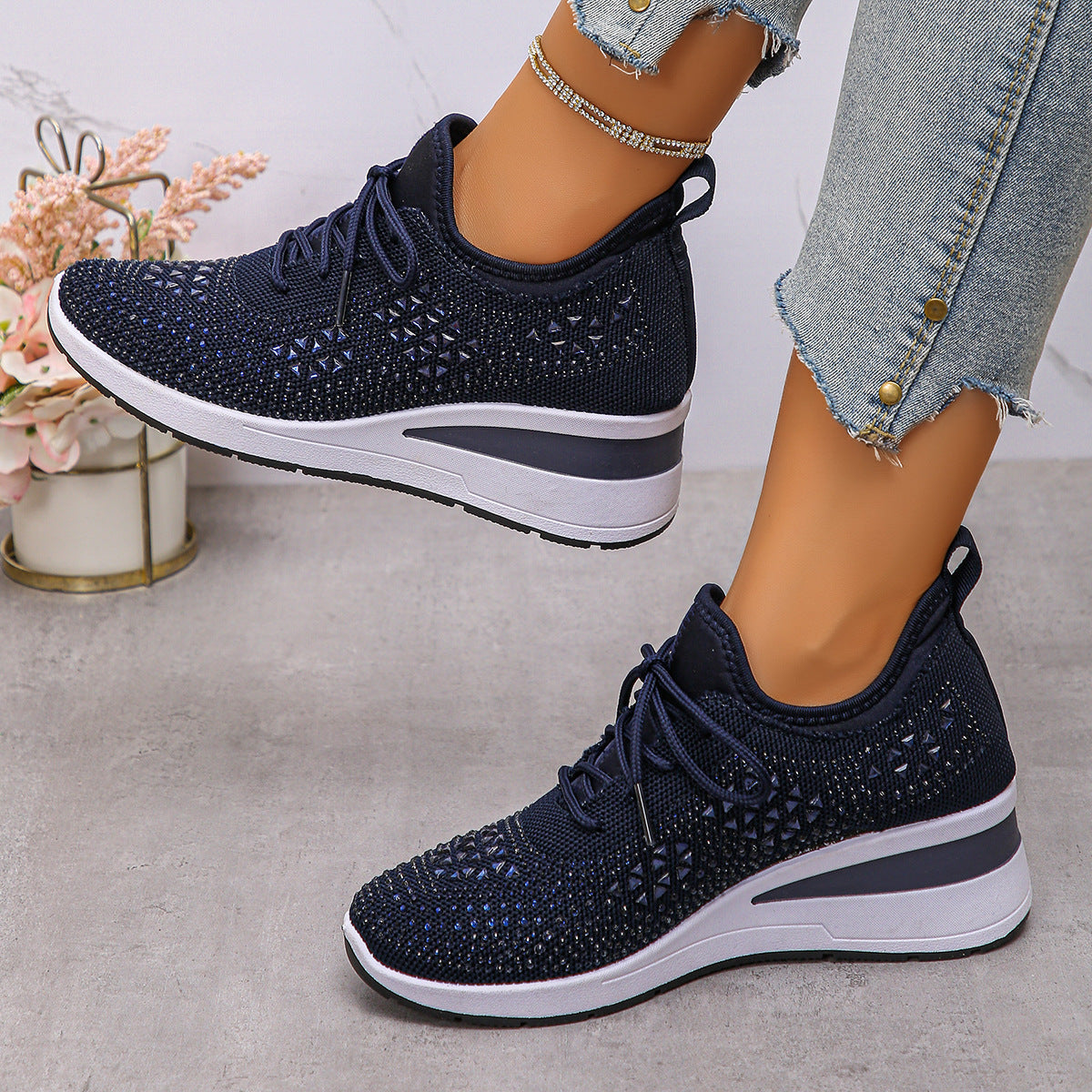 Ins Rhinestone Sneakers Fashion Lace Up Wedges Casual Shoes Women's Daily Commuting Sports Shoes See size chart under “more details” The Fashion Celestial