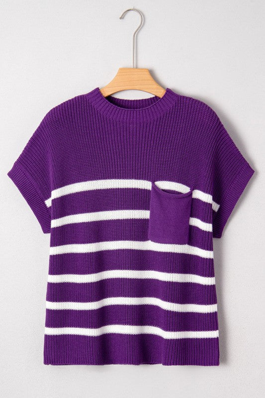 Stripe Patch Pocket Short Sleeve Knit Sweater Shop Style & More | Fresh Looks, Everyday Deals & Free Shipping