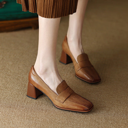 Women's Sheepskin Square Toe Chunky Heel Pumps – Retro High Heel Dress Shoes FitiqueFit