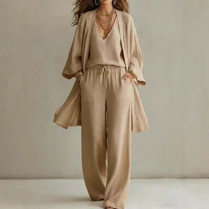 Women's V-Neck Cardigan Coat, Pocket Vest & Long Pants Three-Piece Set FitiqueFit