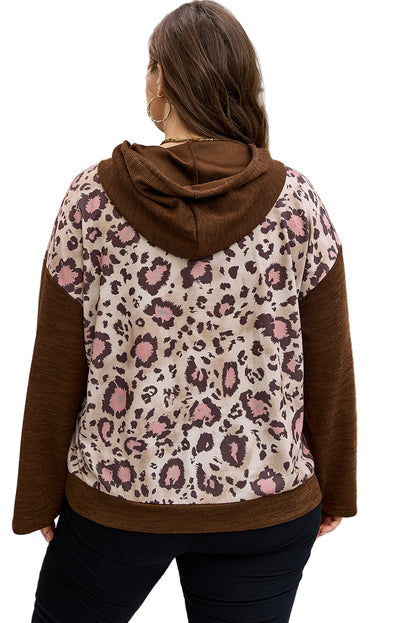 Brown Leopard Print Knit Patchwork Plus Hoodie Garden Naked Curves