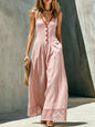 Women's Lace-Spliced Jumpsuit with Pockets – Sleeveless, High Waist, Straight Leg FitiqueFit