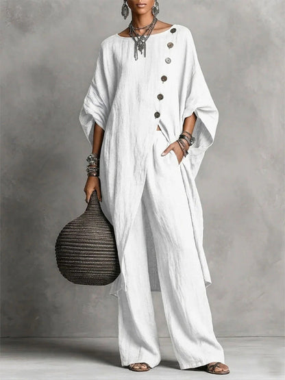 Women's Drop Shoulder Three-Quarter Sleeve Irregular Shirt & Pants Set FitiqueFit