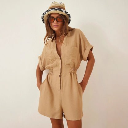 Women's Cotton Linen Loose-Fit Workwear Jumpsuit With Pockets FitiqueFit