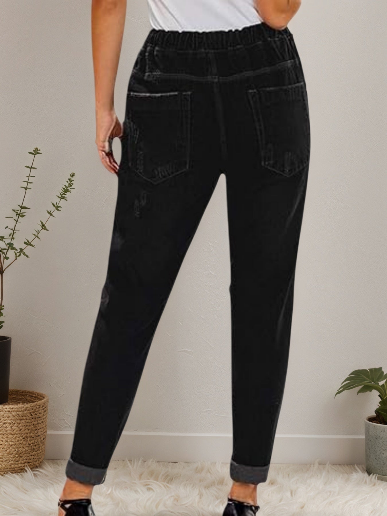 Women’s Distressed Stretch Jeans – Casual Elastic Waist Denim Joggers FitiqueFit