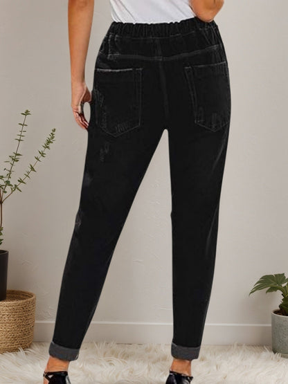 Women’s Distressed Stretch Jeans – Casual Elastic Waist Denim Joggers FitiqueFit