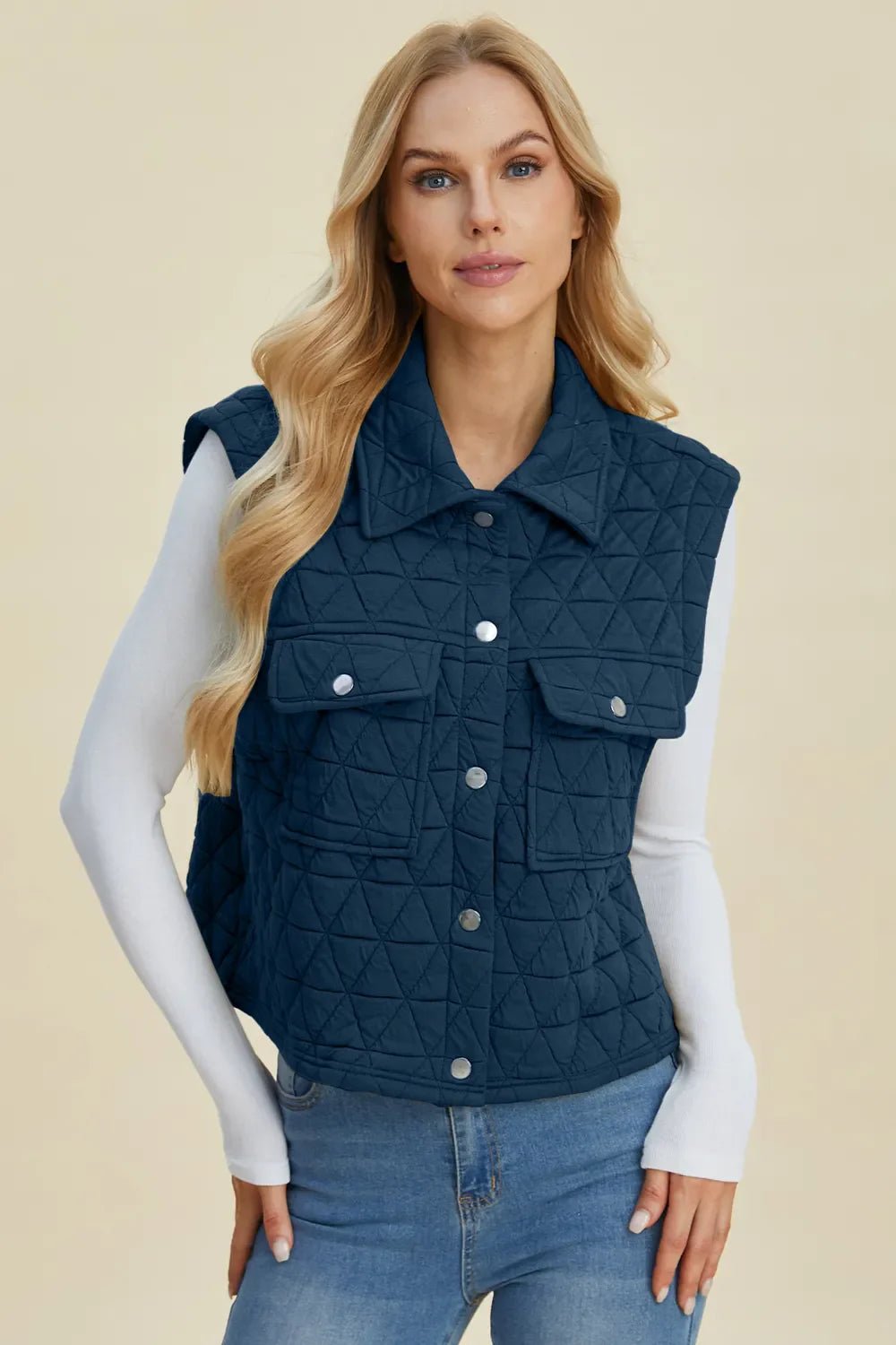 Double Take Full Size Pocketed Texture Snap Down Vest Coat New Era Fashion LLc