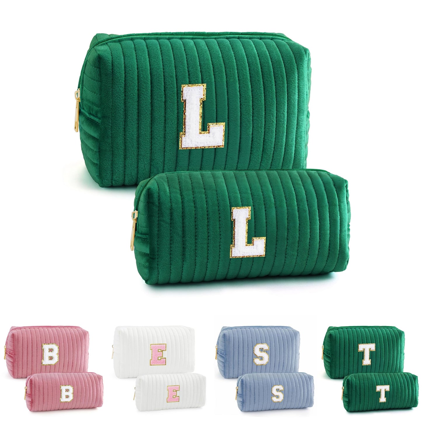 YOOLIFE Initial Makeup Bag for Women - Monogram Makeup Bag Travel Makeup Bag Personalized Cosmetic Bag Travel Toiletry Bag Cute Makeup Pouch Make Up Bag Makeup Case Velvet Green Makeup Bag L New Era Fashion LLc