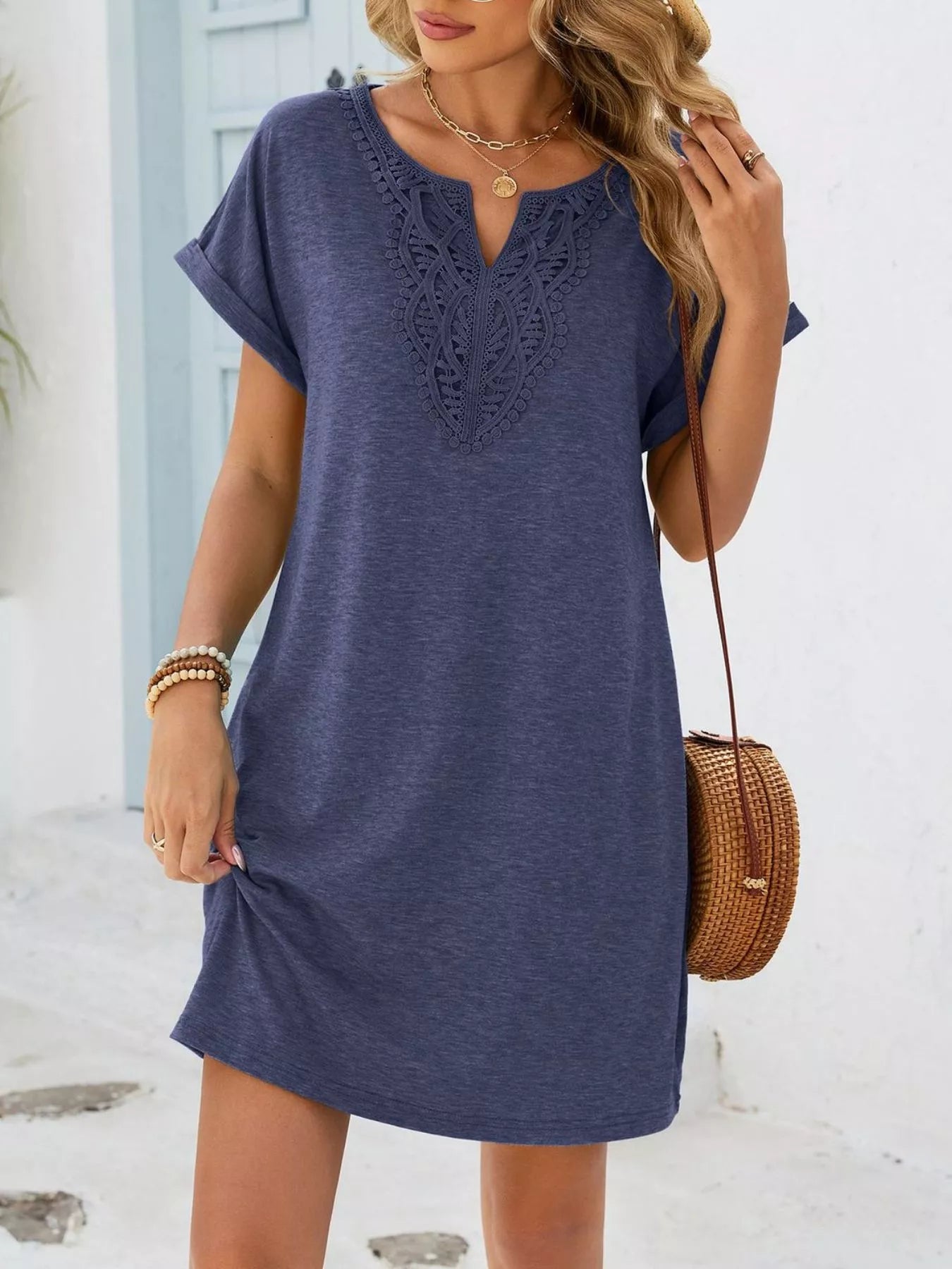 Lace Trim Notched Short Sleeve Dress New Era Fashion LLc