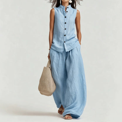 Women's Cotton-Linen Sleeveless Crewneck Vest & Pants Set FitiqueFit
