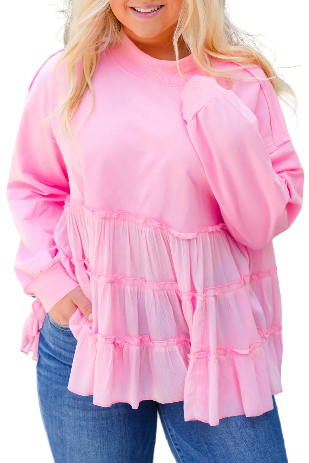 Pink Frill Tiered Patchwork Ribbed Trim Flowy Plus Size Top Garden Naked Curves