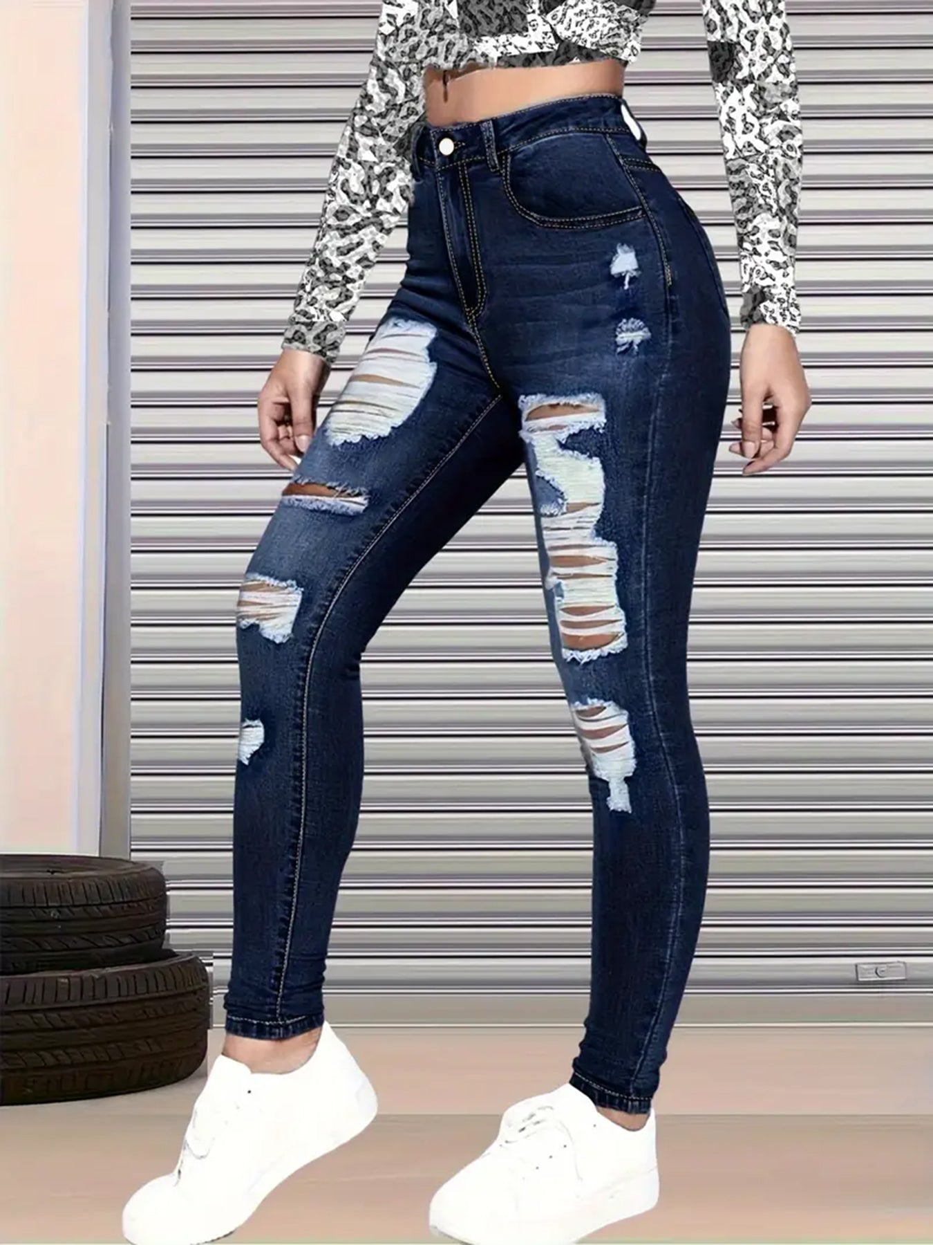 New High Waisted, Hip Lifted, Tight Fitting Women's Jeans With A Ripped Nine Quarter Cut, Suitable For Minimalist Fashion In Summer See size chart under “more details” The Fashion Celestial