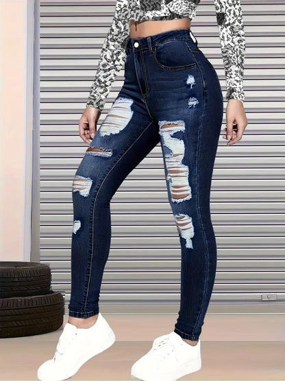 New High Waisted, Hip Lifted, Tight Fitting Women's Jeans With A Ripped Nine Quarter Cut, Suitable For Minimalist Fashion In Summer See size chart under “more details” The Fashion Celestial