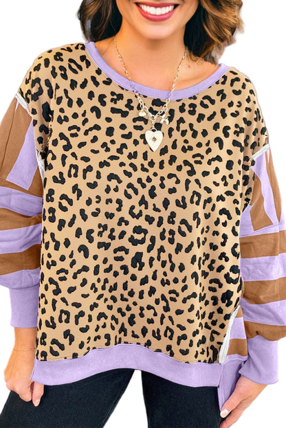 Purple Leopard Striped Patchwork Plus Size Loose Sweatshirt Garden Naked Curves