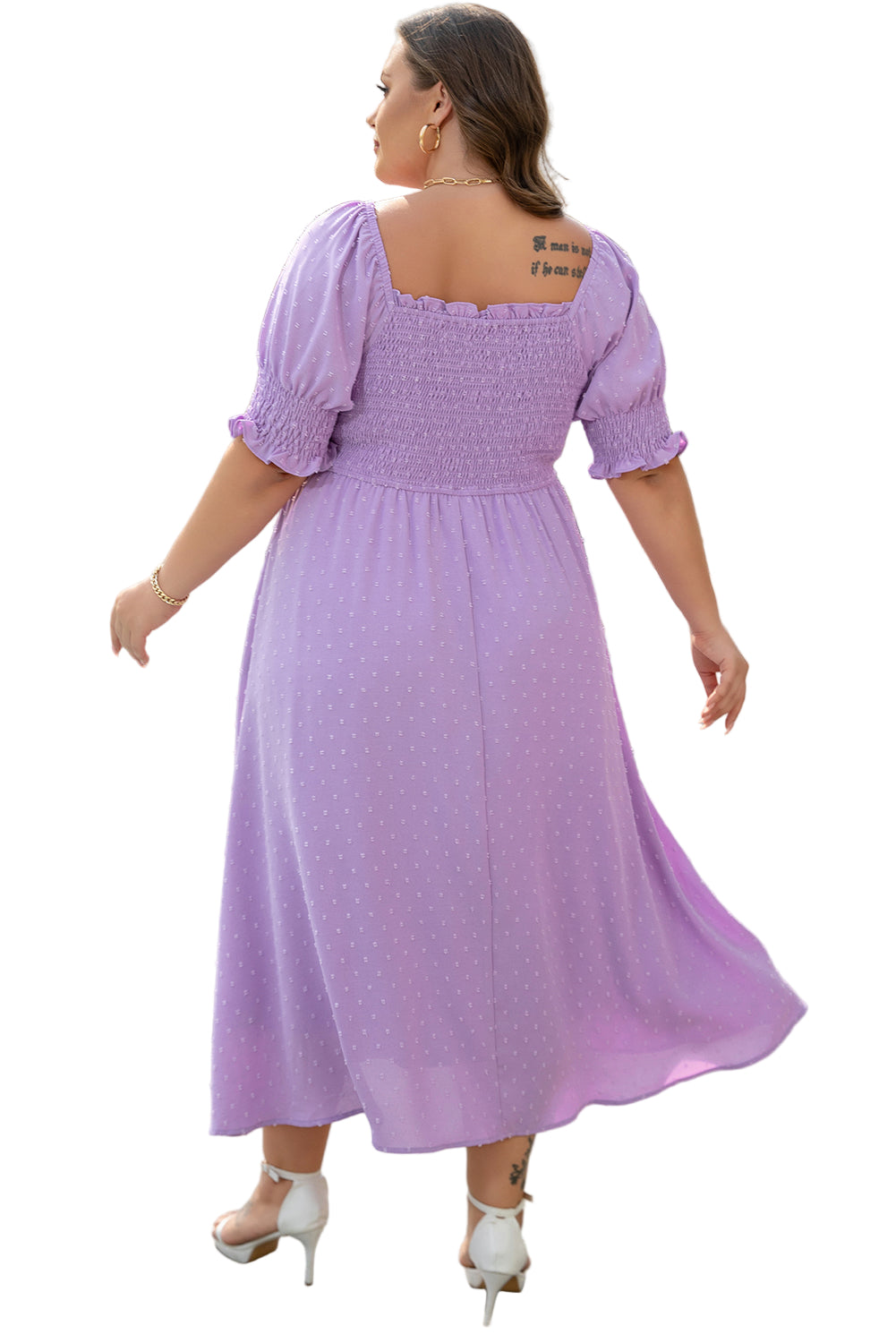 Wisteria Swiss Dot Smocked Frilled Neckline Short Sleeve Plus Size Dress Garden Naked Curves
