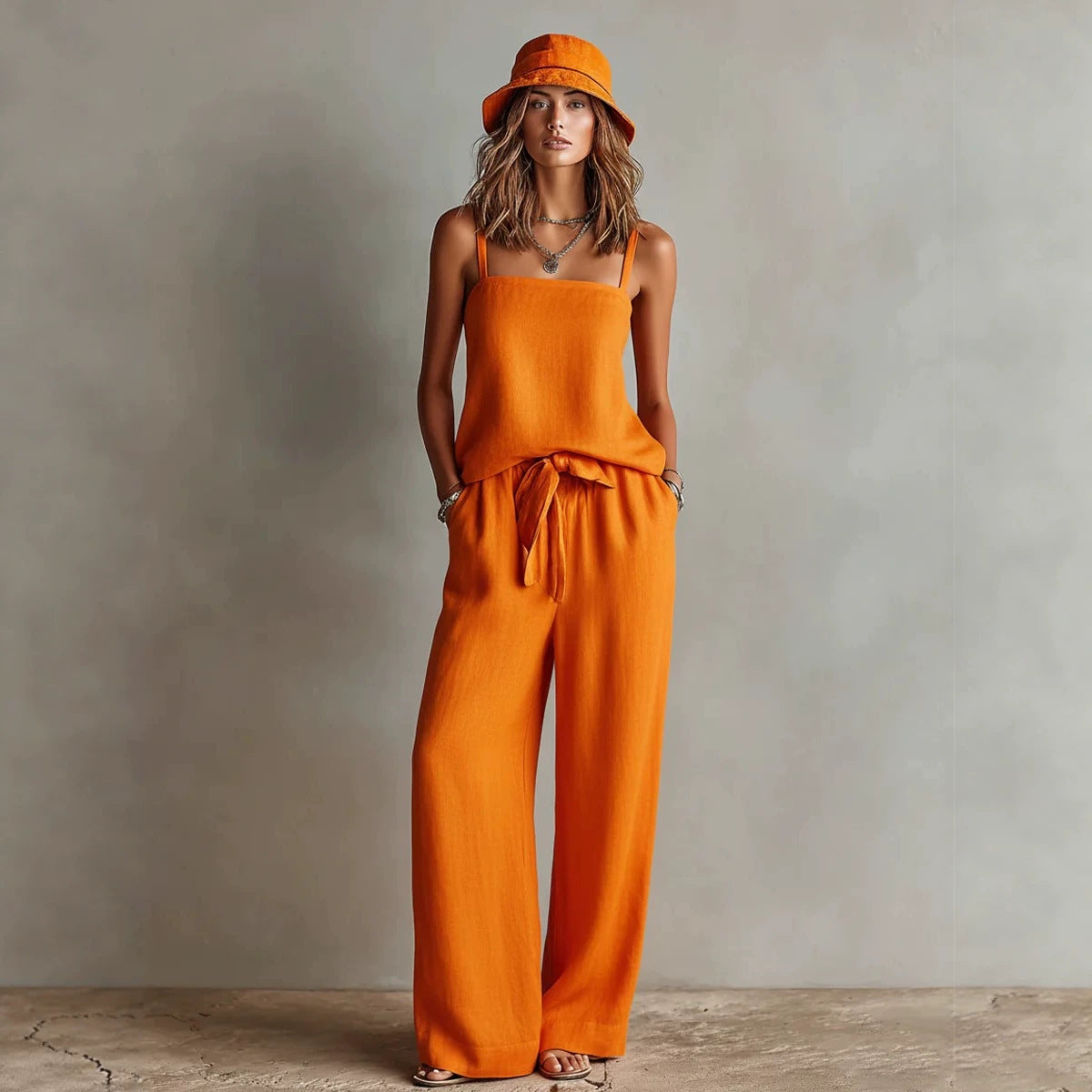 Women's Spaghetti Strap Cami Top & Wide-Leg Pants Two-Piece Set FitiqueFit