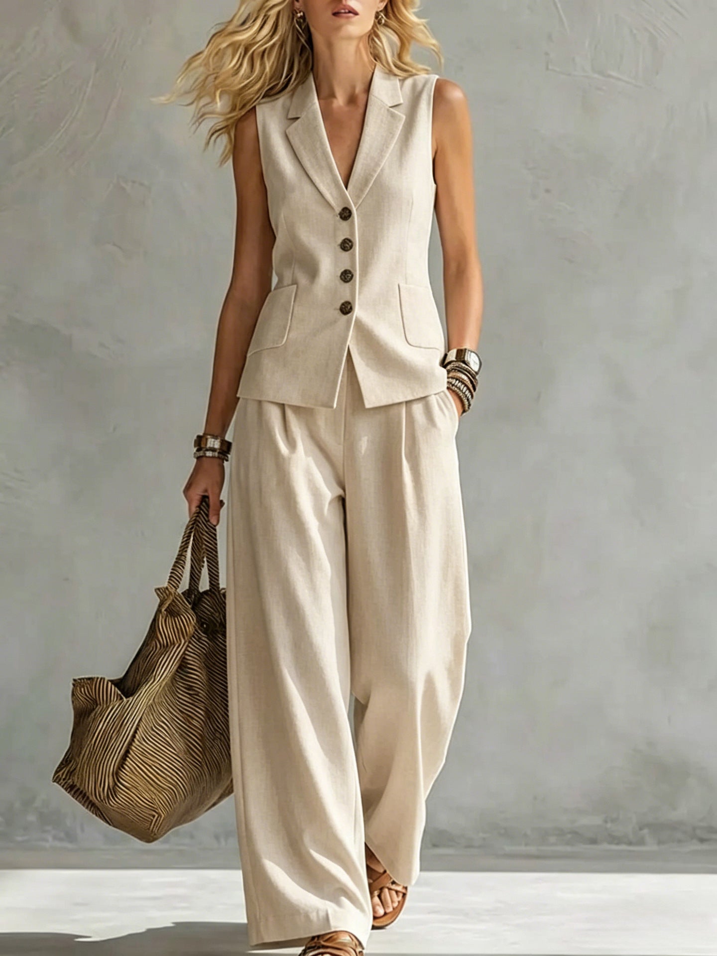 Women's Solid Linen Sleeveless Tank Top & Full-Length Pants Set FitiqueFit