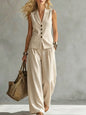 Women's Solid Linen Sleeveless Tank Top & Full-Length Pants Set FitiqueFit