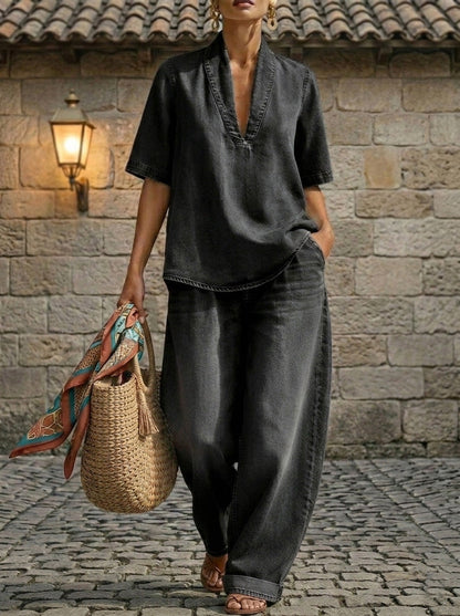 Retro V-Neck Washed Denim Top & Wide-Leg Pants Set – 3 Colors, S–3XL FitiqueFit