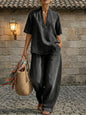Retro V-Neck Washed Denim Top & Wide-Leg Pants Set – 3 Colors, S–3XL FitiqueFit