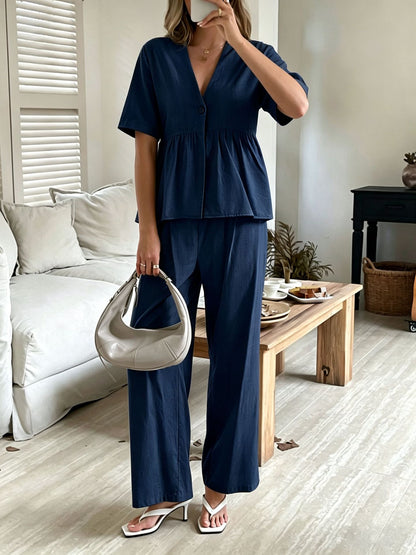 Women's V-Neck Loose Short-Sleeve Top & Wide-Leg Pants Set FitiqueFit