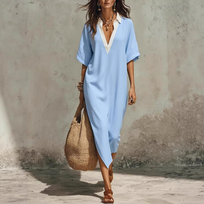 Women's V-Neck Loose Cropped-Sleeve Linen Midi Dress with Pockets FitiqueFit