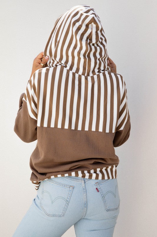 Stripe Patchwork Waffle Knit Buttoned Hoodie Shop Style & More | Fresh Looks, Everyday Deals & Free Shipping