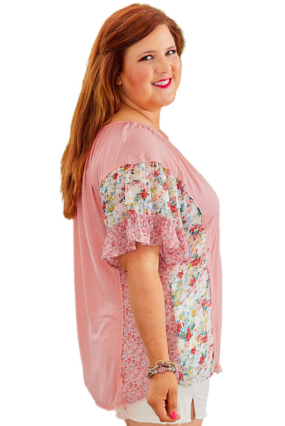 Pink Plus Size Floral Patchwork Ruffle Short Sleeve Blouse Garden Naked Curves