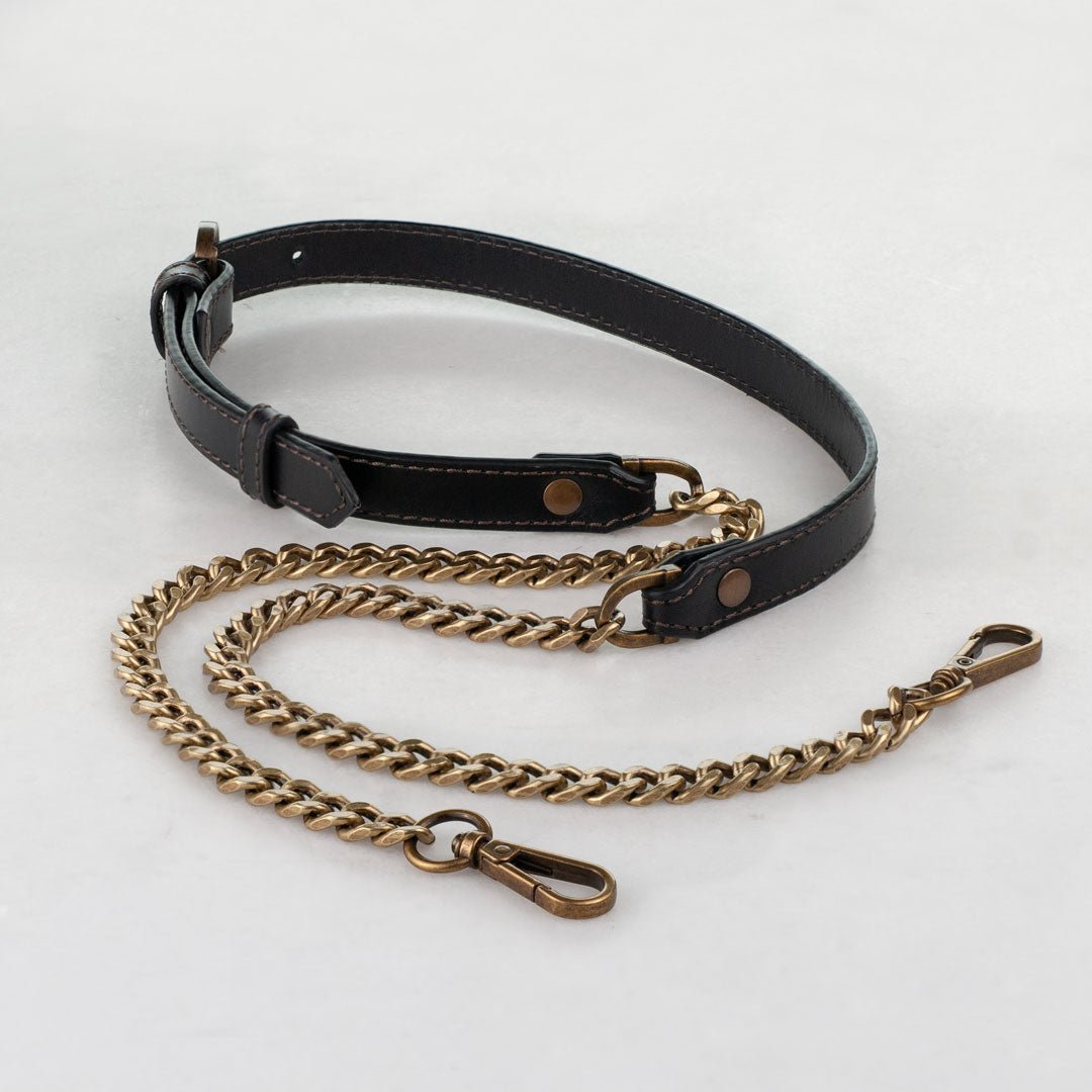 Vanity Strap - Curb Chain in Antique Brass and Black Leather Urban-Equestrian
