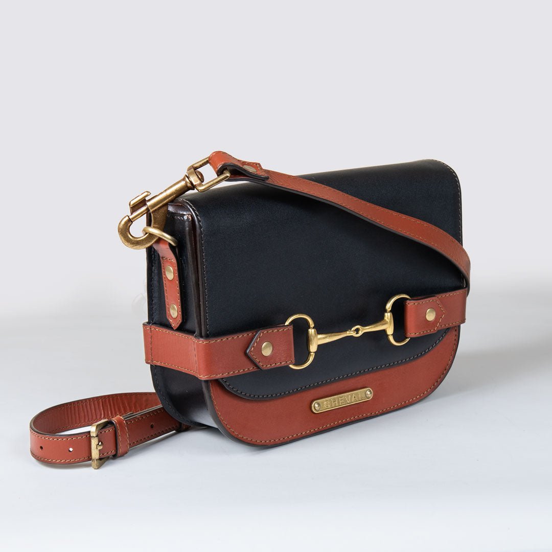 Saratoga- Horse Bit Crossbody Luxury Leather Handbag in Cognac on Black Urban-Equestrian