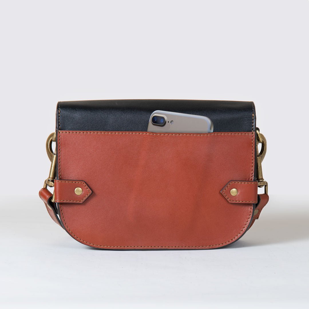 Saratoga- Horse Bit Crossbody Luxury Leather Handbag in Cognac on Black Urban-Equestrian