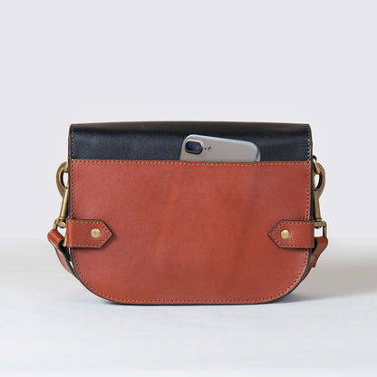 Saratoga- Horse Bit Crossbody Luxury Leather Handbag in Cognac on Black Urban-Equestrian