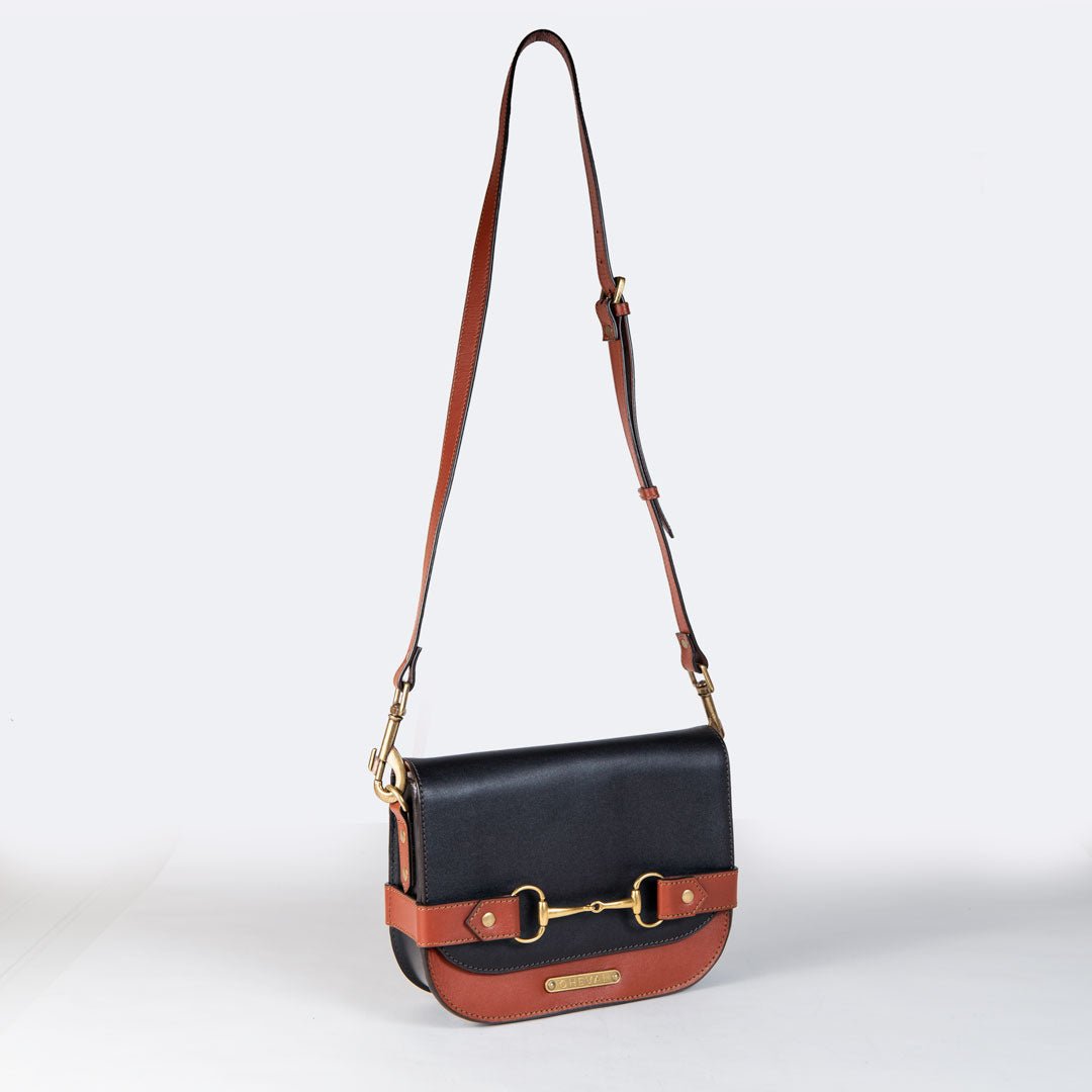 Saratoga- Horse Bit Crossbody Luxury Leather Handbag in Cognac on Black Urban-Equestrian
