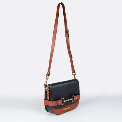 Saratoga- Horse Bit Crossbody Luxury Leather Handbag in Cognac on Black Urban-Equestrian