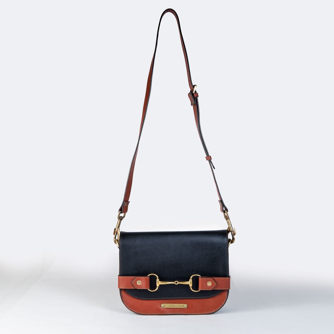Saratoga- Horse Bit Crossbody Luxury Leather Handbag in Cognac on Black Urban-Equestrian