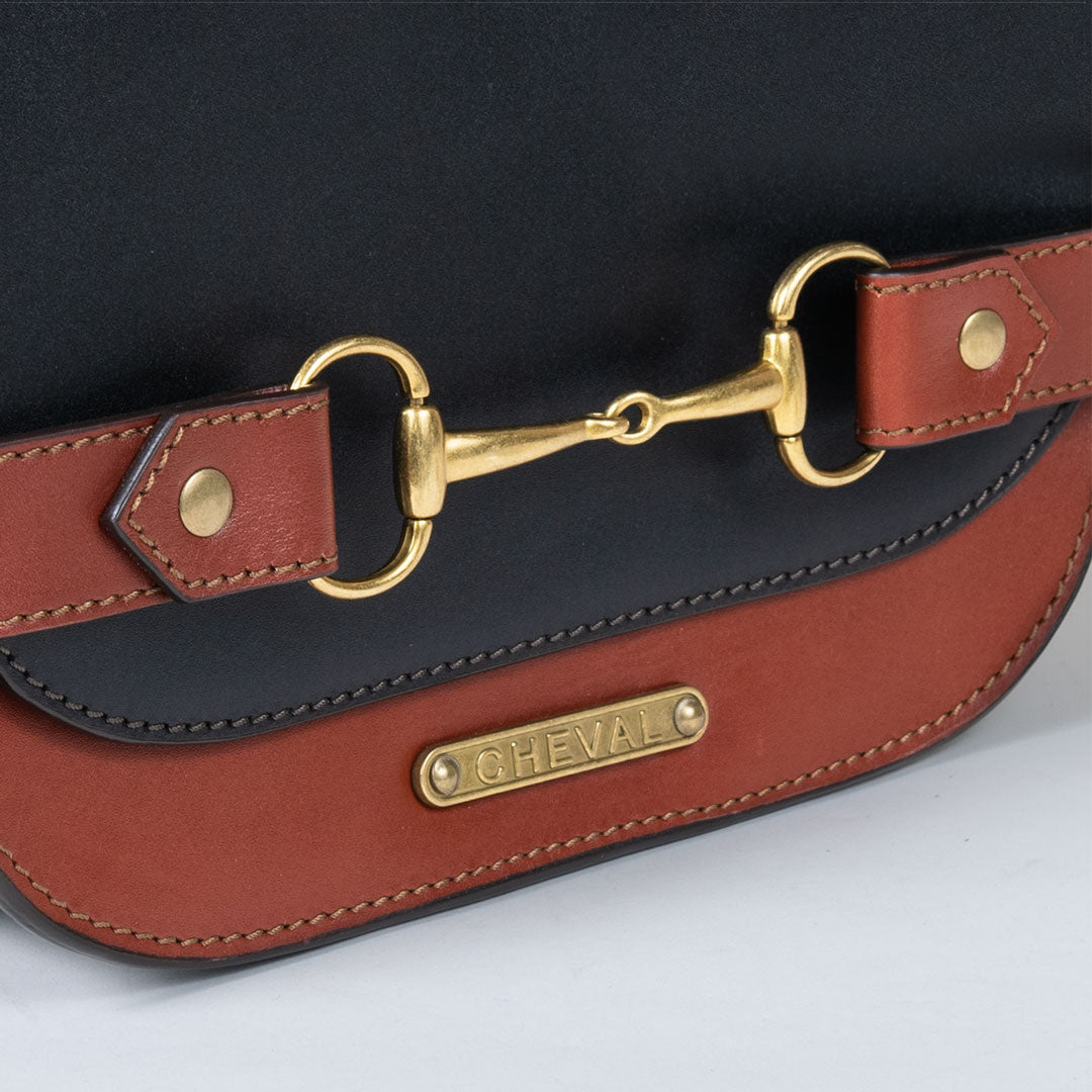 Saratoga- Horse Bit Crossbody Luxury Leather Handbag in Cognac on Black Urban-Equestrian