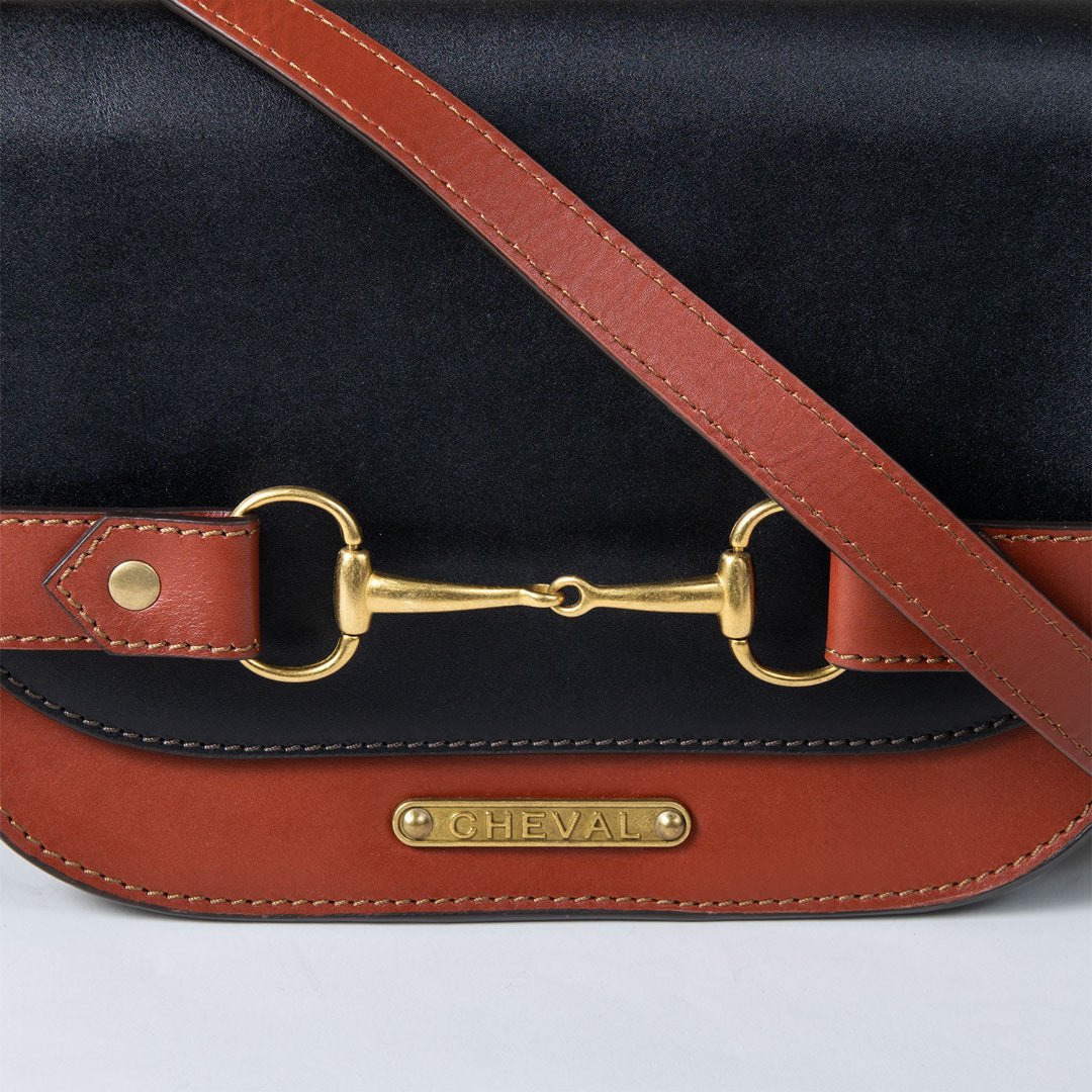 Saratoga- Horse Bit Crossbody Luxury Leather Handbag in Cognac on Black Urban-Equestrian