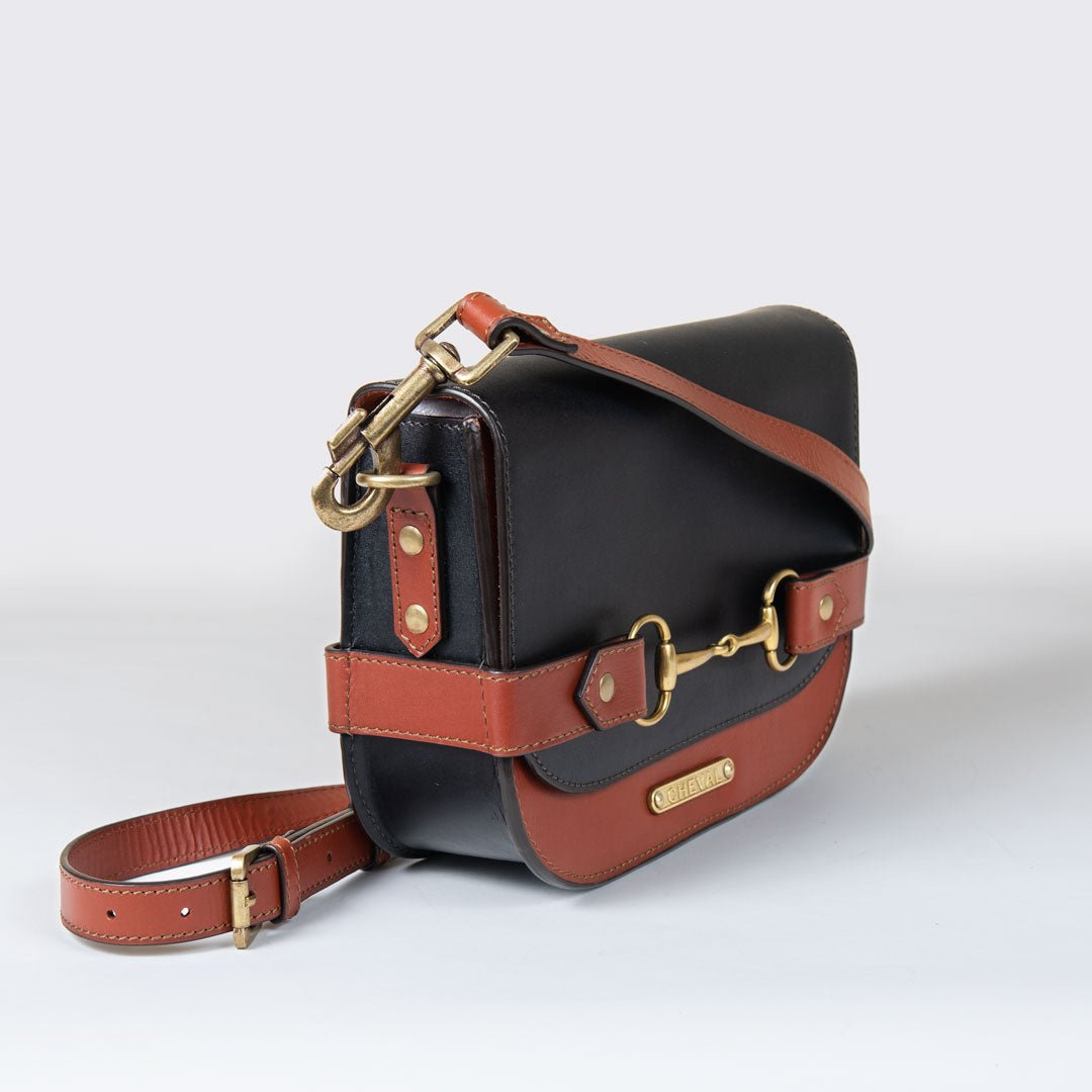 Saratoga- Horse Bit Crossbody Luxury Leather Handbag in Cognac on Black Urban-Equestrian