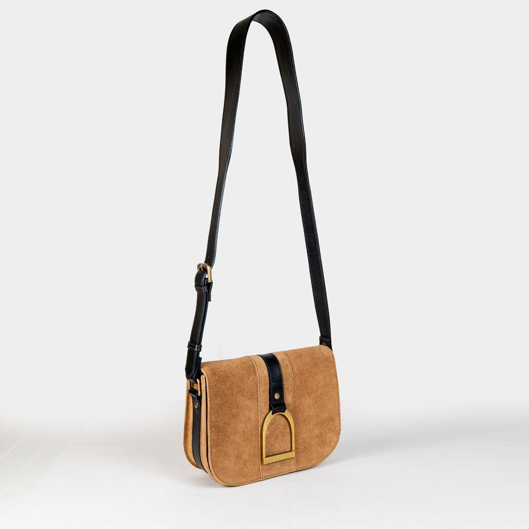 Signature Stirrup - Riding Stirrup Crossbody Luxury Leather Handbag in Black on Chestnut Urban-Equestrian