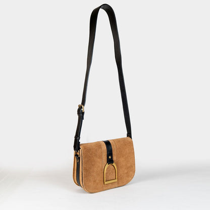 Signature Stirrup - Riding Stirrup Crossbody Luxury Leather Handbag in Black on Chestnut Urban-Equestrian