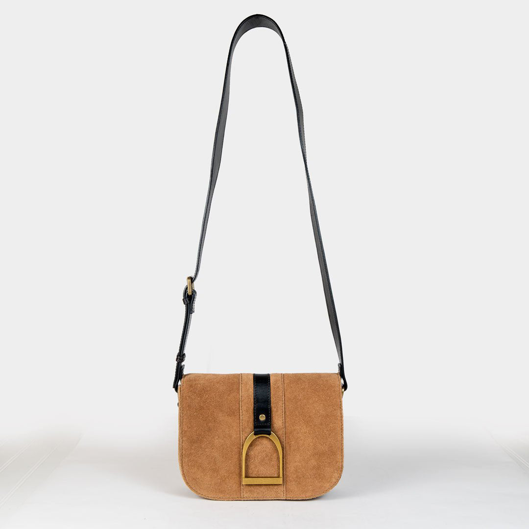 Signature Stirrup - Riding Stirrup Crossbody Luxury Leather Handbag in Black on Chestnut Urban-Equestrian