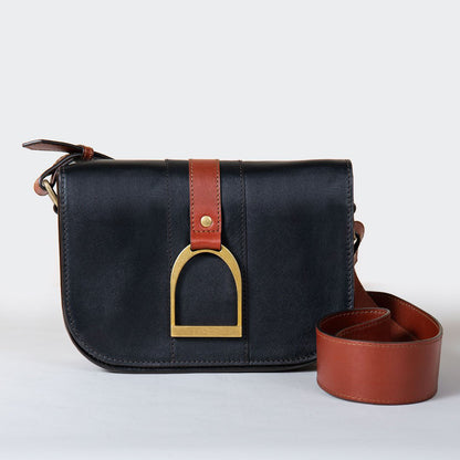 Signature Stirrup - Riding Stirrup Crossbody Luxury Leather Handbag in Cognac on Black Urban-Equestrian