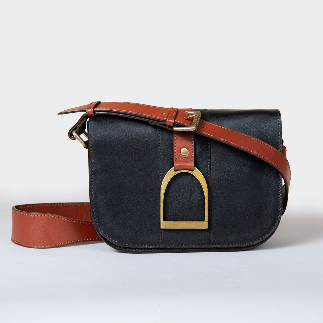 Signature Stirrup - Riding Stirrup Crossbody Luxury Leather Handbag in Cognac on Black Urban-Equestrian