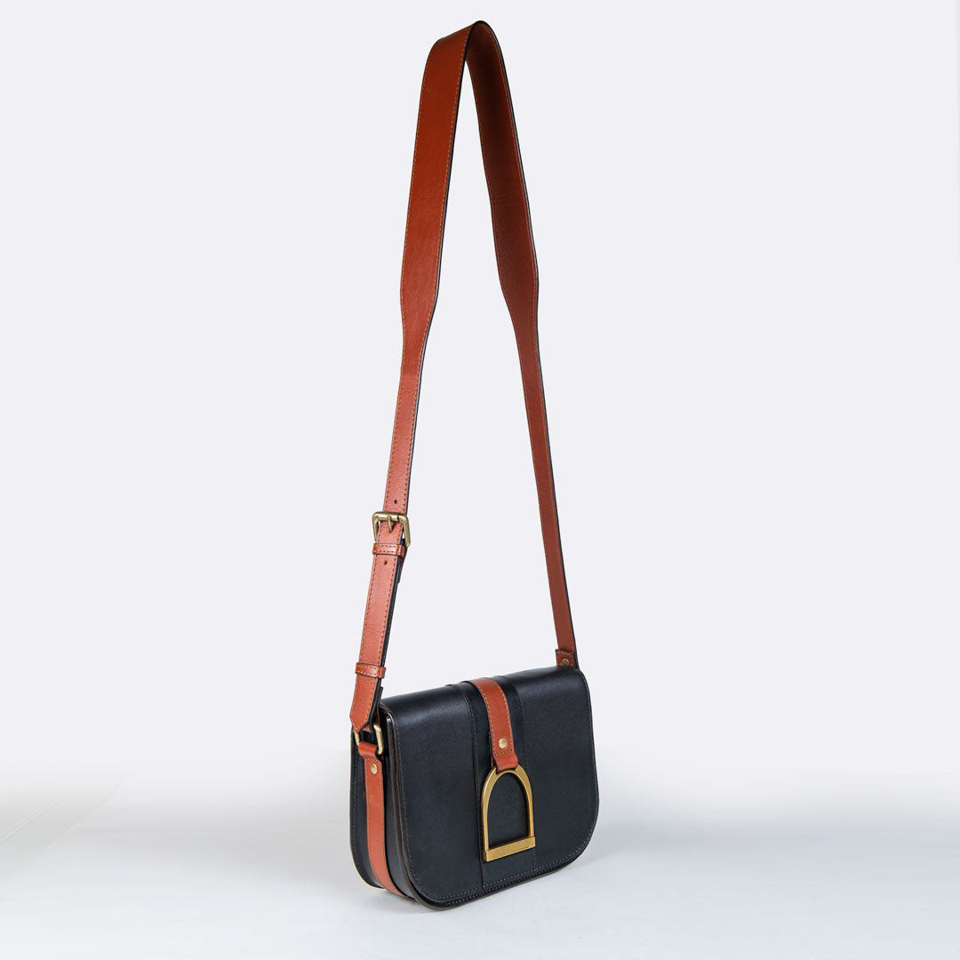 Signature Stirrup - Riding Stirrup Crossbody Luxury Leather Handbag in Cognac on Black Urban-Equestrian