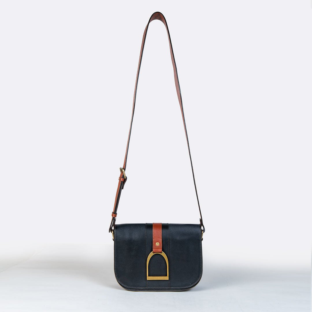 Signature Stirrup - Riding Stirrup Crossbody Luxury Leather Handbag in Cognac on Black Urban-Equestrian