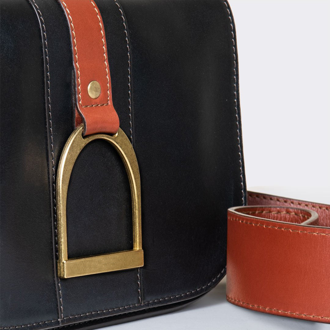 Signature Stirrup - Riding Stirrup Crossbody Luxury Leather Handbag in Cognac on Black Urban-Equestrian