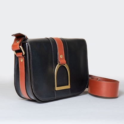 Signature Stirrup - Riding Stirrup Crossbody Luxury Leather Handbag in Cognac on Black Urban-Equestrian