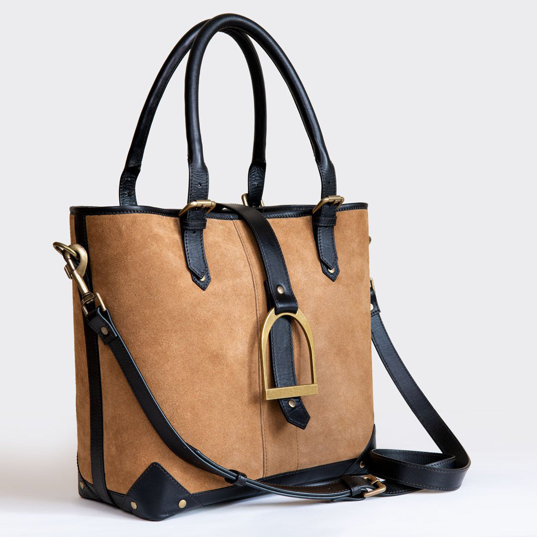 Signature - Riding Stirrup Tote Luxury Leather Handbag in Black on Chestnut Urban-Equestrian