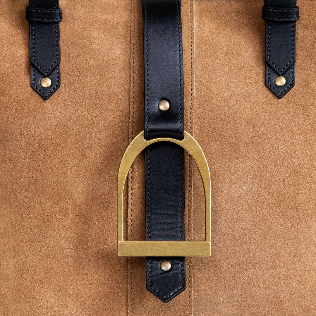 Signature - Riding Stirrup Tote Luxury Leather Handbag in Black on Chestnut Urban-Equestrian